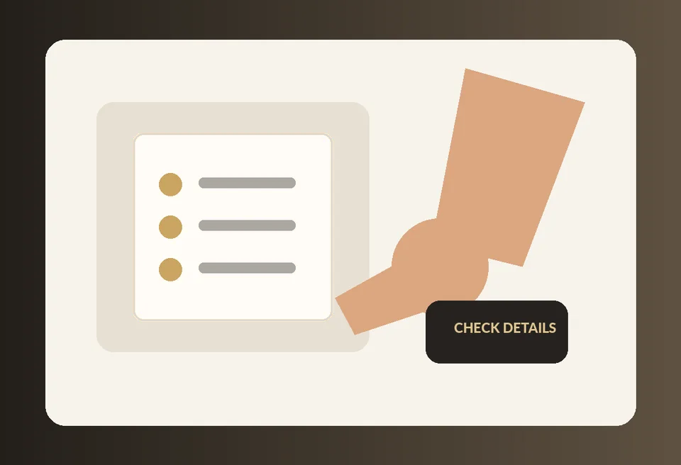 Premium desk scene with a buyer checking label and transaction details